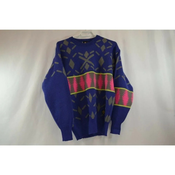 Descente Ugly Sweater Mens Small Geometric Blue Pink 100% Wool Vtg  Retro - Picture 9 of 12
